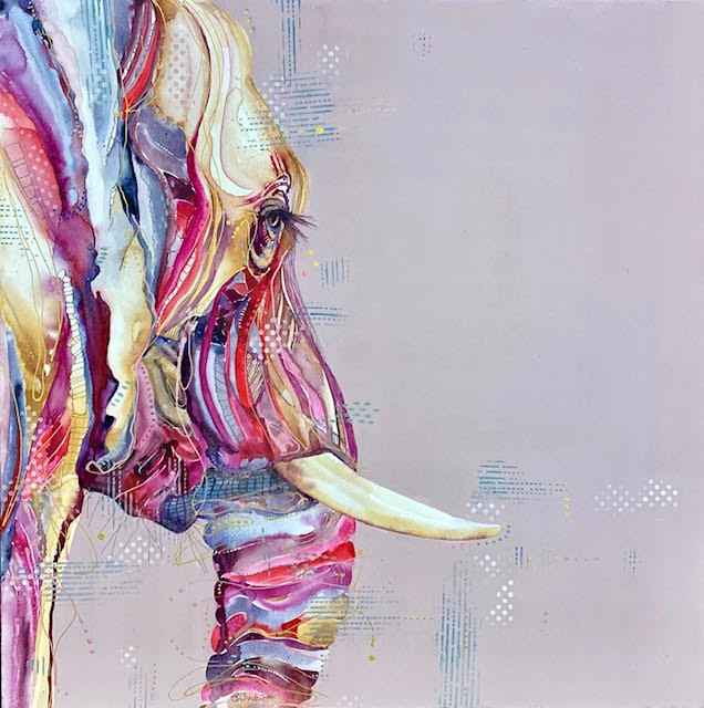 Abstract painting by Douglas Watson full of bright bold colours