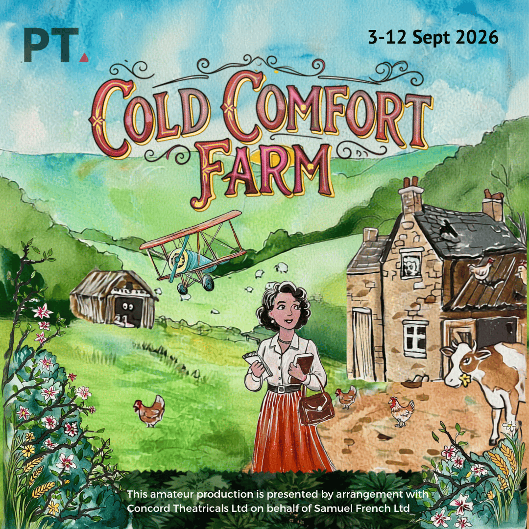 Cold Comfort Farm cover image of a young woman in a rural setting standing in front of a country house with a cow, rolling hills and sheep