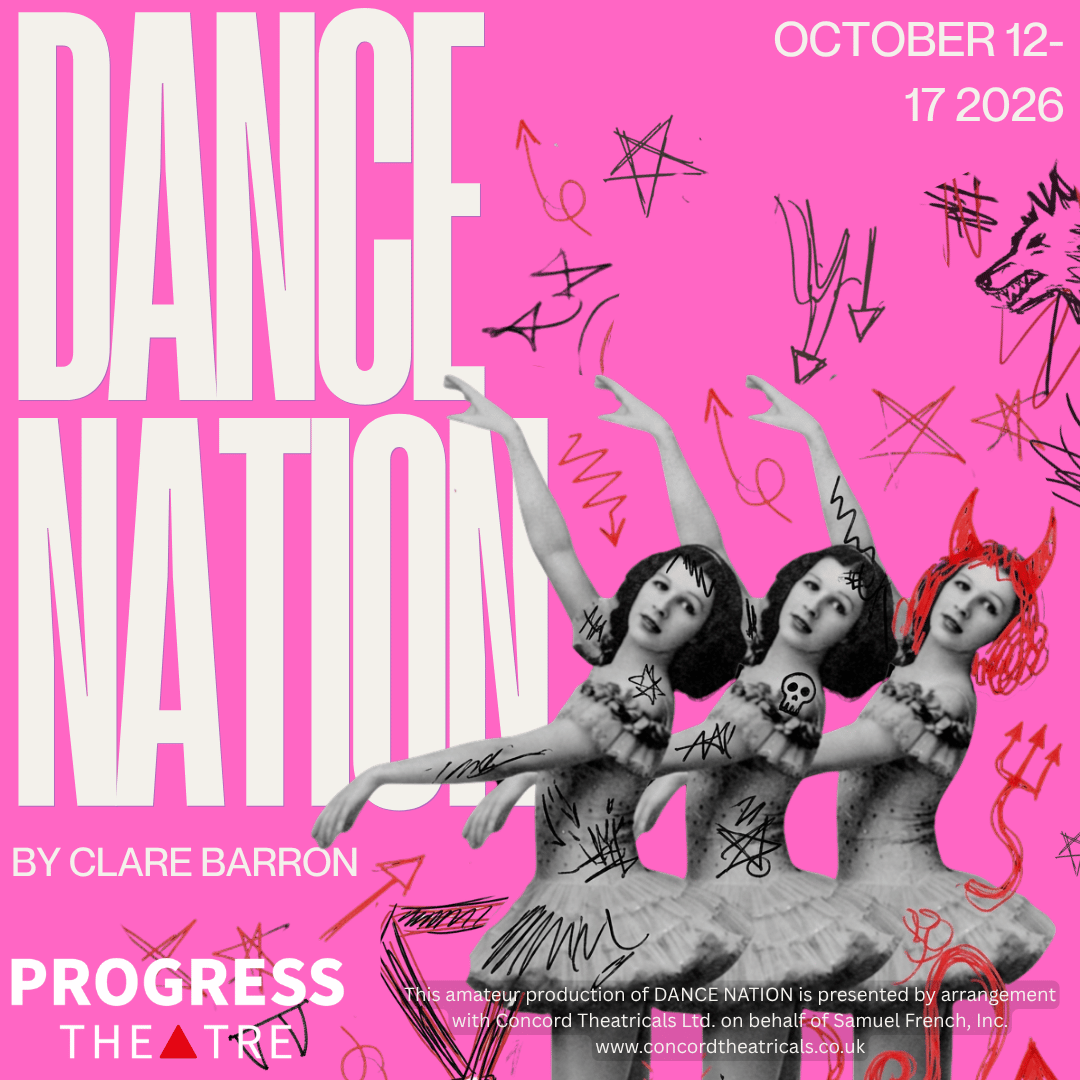 Dance Nation poster design, large bold typography in white with bright pink background and black and white picture of a ballerina with lots of doodles added