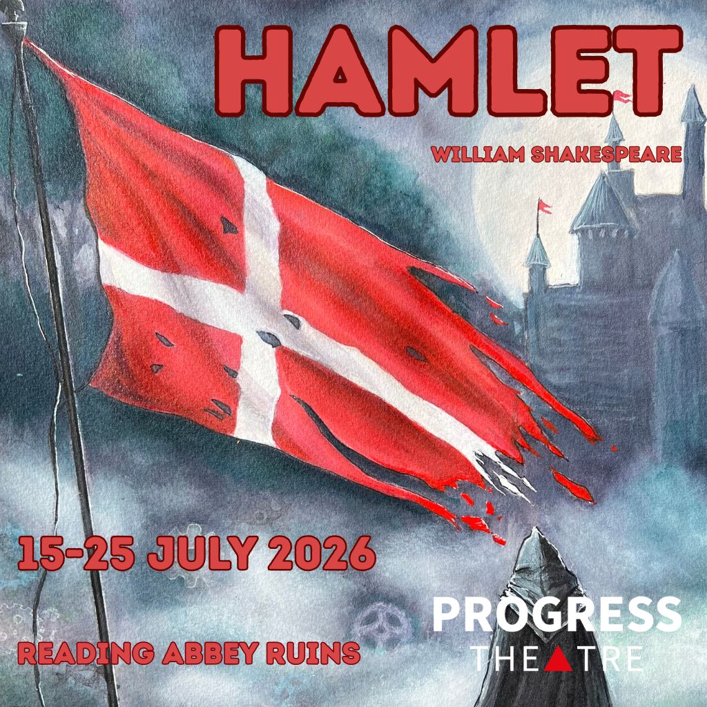 Hamlet image: tattered Danish flag, a hooded figure in the foreground, a castle in the distance